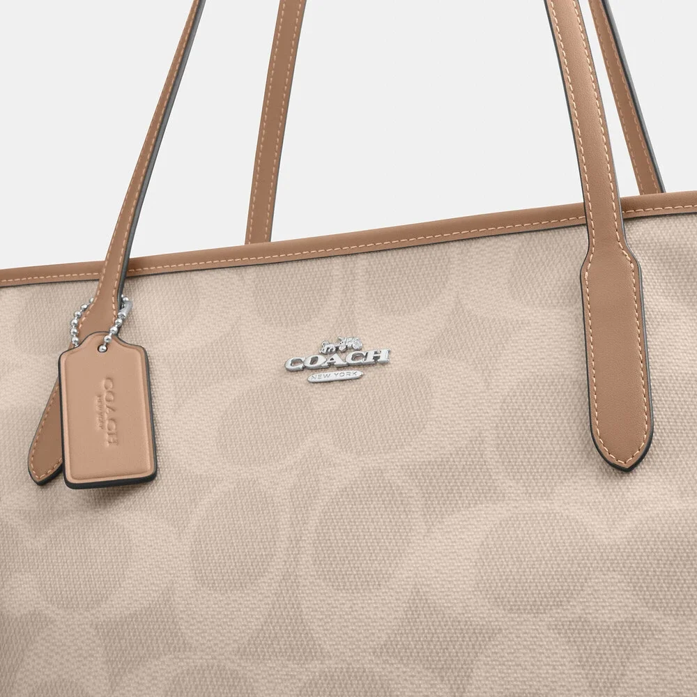 💛Coach NWOT Sand Large City Tote Bag In Maxi Signature Canvas / Silver Hardware